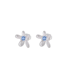 S925 sterling silver flower stud earrings with five petals and blue zircon center stones