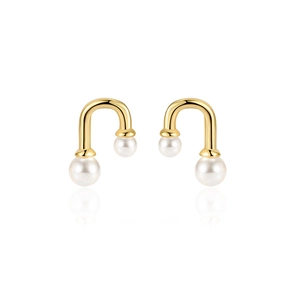 Minimalist U-shaped 925 silver pearl stud earrings with a gold finish on white background