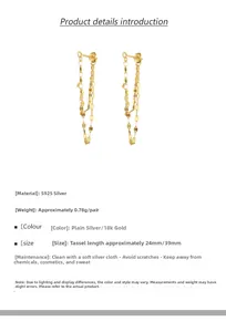 Detailed specs of S925 silver tassel earrings with 18k gold plating and dimensions