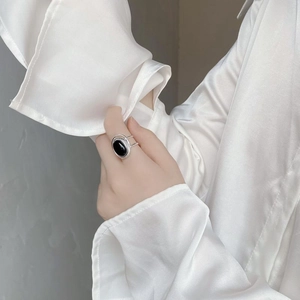 925 sterling silver double-layer open ring featuring an oval natural black agate stone