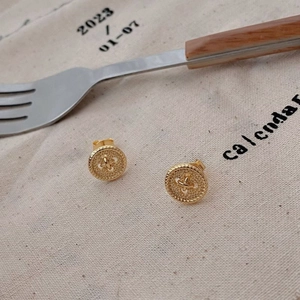 Vintage 925 sterling silver button stud earrings in gold with rope edge detail