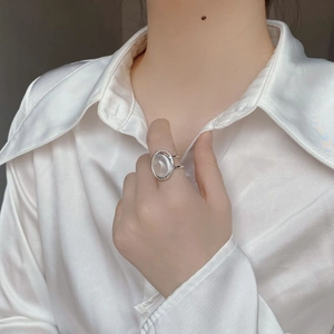 S925 sterling silver double-layer open ring featuring oval white chalcedony gemstone