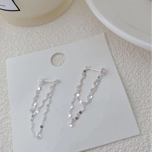 Detail of S925 sterling silver tassel earrings with double layered shimmering chains