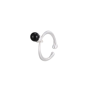 Minimalist S925 sterling silver open ring with a polished black agate bead detail