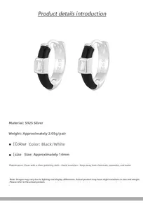 Detail of S925 sterling silver hoop earrings with black enamel and rectangle zircon inlay