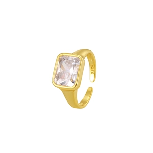 Adjustable S925 sterling silver gold ring with rectangular zircon gemstone centerpiece