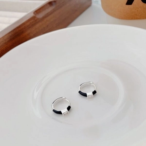 Minimalist S925 sterling silver hoop earrings with black enamel and rectangle zircon