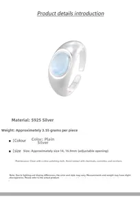 Detailed specs of S925 sterling silver ring with oval aquamarine and adjustable band