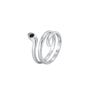 Polished S925 sterling silver snake wrap ring with black gemstone eyes for women