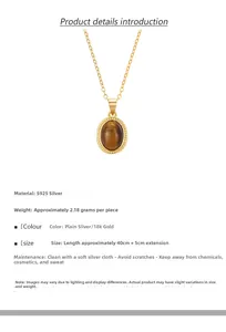 Detail of oval tiger eye pendant necklace in S925 silver with dimension specifications