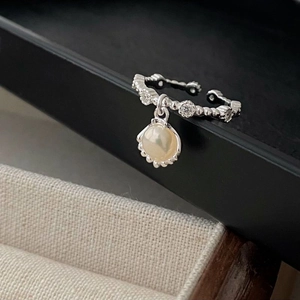 S925 silver shell pearl ring with zircon stones in an adjustable open band design