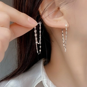 S925 sterling silver minimalist double-layer chain tassel earrings with glossy finish