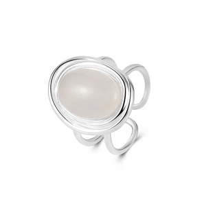 925 silver double-layer ring featuring a large oval translucent white chalcedony stone