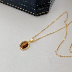 925 Sterling Silver Tiger's Eye Pendant Necklace For Women French Vintage Oval Natural Stone 18K Gold Plated Chain Jewelry