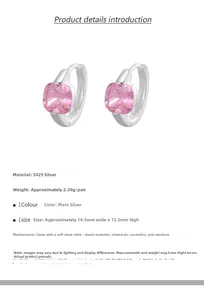 Détails techniques des créoles en argent S925 avec zircon rose et spécifications de taille