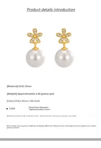 Detailed macro of 925 silver flower earrings with small diamonds and 8.5mm white pearl