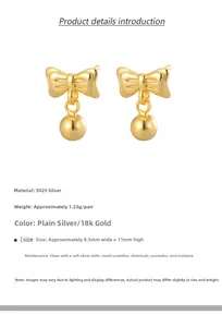 Detail view of S925 silver bow earrings with gold beads and exact dimensions info