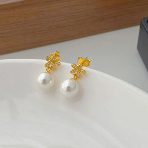 Elegant Flower Shell Artificial Pearl Dangle Earrings With 925 Sterling Silver Earring Post 18K Gold Plated Zirconia Women Jewelry