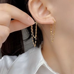 S925 silver fringe star stud earrings with layered gold chain tassel and shimmering finish