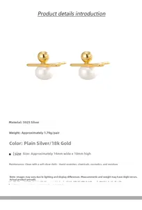 Macro detail of S925 silver pearl stud earrings with size parameters and gold finish