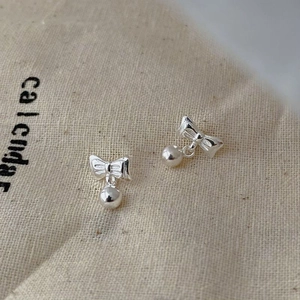 Minimalist S925 sterling silver bow knot earrings with dangling silver beads for women