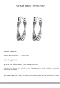 Detailed view of S925 sterling silver twisted earrings with size and weight dimensions