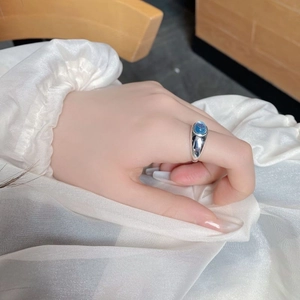 S925 sterling silver ring with natural aquamarine oval gemstone for women, adjustable band