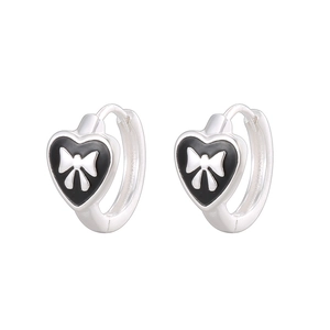 S925 sterling silver heart earrings with black enamel and white bow details