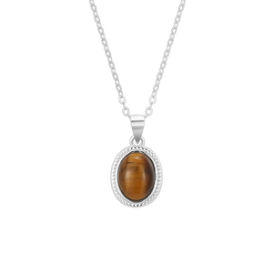 S925 sterling silver necklace with oval tiger eye pendant and twisted metal frame