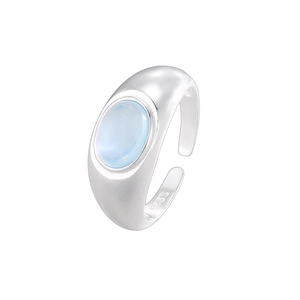 S925 sterling silver ring with oval aquamarine gemstone and adjustable open band