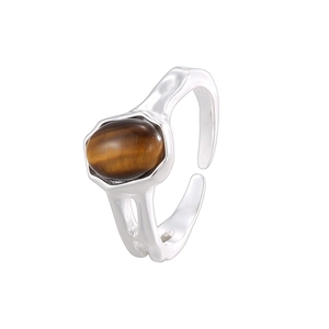 Irregular S925 sterling silver open ring with textured band and oval tiger eye stone
