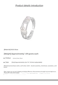 Detail of S925 silver shell ring featuring freshwater pearls and adjustable open band