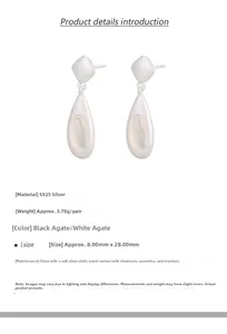 Macro shot of S925 sterling silver drop earrings with white agate and matte finish
