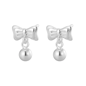 Minimalist S925 sterling silver bow knot earrings with polished ball pendants for women