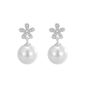 Elegant S925 sterling silver flower earrings with small diamonds and white pearls