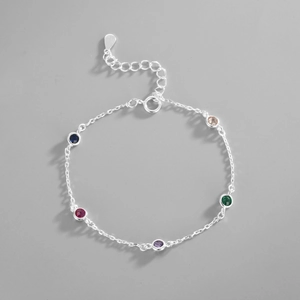 S925 sterling silver chain bracelet with five colorful round zirconia stones for women
