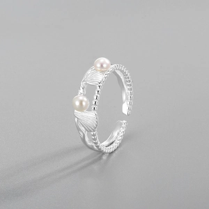 S925 Sterling Silver Natural Freshwater Pearl Open Ring Pleated Shell Adjustable Finger Ring For Women Jewelry Gift