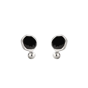 S925 silver irregular geometric earrings with black enamel and small silver bead drop