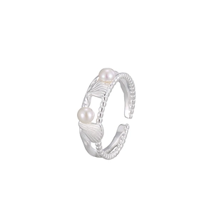 Elegant S925 sterling silver ginkgo leaf ring with pearls in a double-layer open design