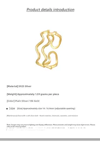 Detail view of adjustable double layer wavy S925 sterling silver ring in 18K gold finish