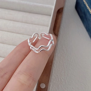 925 sterling silver double-layer wave open ring with adjustable minimalist design