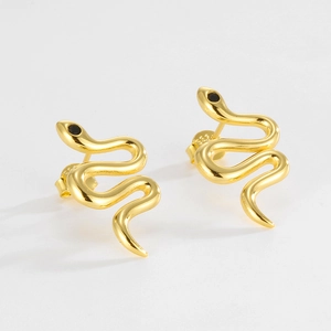 Detailed view of S925 silver snake earrings with gold plating and black zircon eyes
