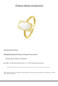 Detail of S925 silver 18k gold plated ring with rectangular white mother of pearl inlay