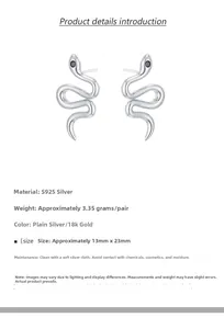 Detail view of S925 sterling silver snake earrings with dimensions 13mm by 23mm