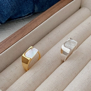 S925 Sterling Silver Punk Square Shell Ring For Women Geometric Mother Of Artificial Pearl Inlaid Open Adjustable Band Ring Minimalist Jewelry
