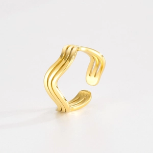 Detail view of wavy gold S925 sterling silver ring with internal hallmark and adjustable band