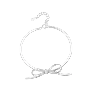 Elegant S925 sterling silver flat snake chain bracelet with a 3D ribbon bow ornament