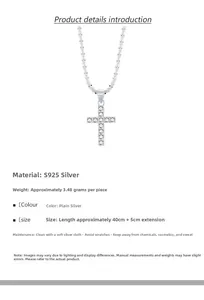 Detail of S925 sterling silver cross necklace with sparkling stones and 40cm chain