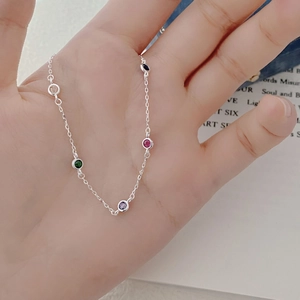 S925 sterling silver bracelet featuring round multi-colored zircon stones on a thin chain
