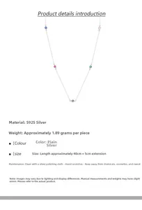 Detailed specs of S925 silver necklace with five multi-colored round cubic zirconia stones